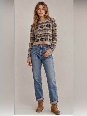 Free People one FP Fuzzy Sweater Small Cropped Nordic Snowflake Cozy Boho Cabin
